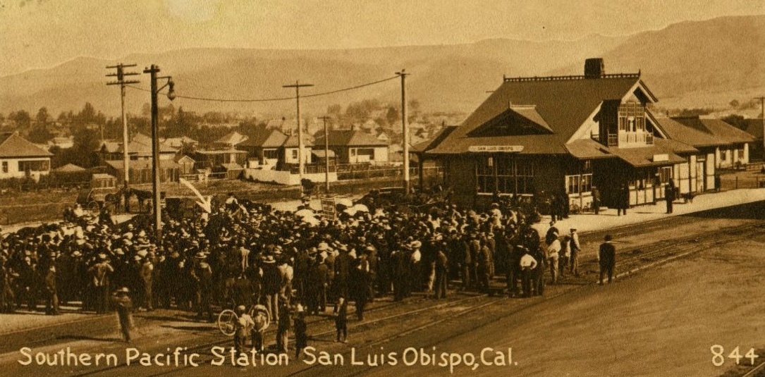 historic photo of crowd at SLO Train Station