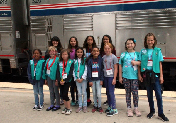 group photo of girl scouts at Amtrak Station