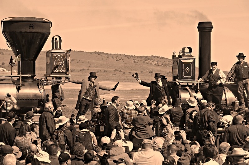 photo of Golden Spike locomotives re-enactment